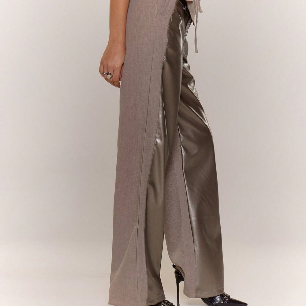 Grey Casual Women's Faux Leather Panel Trousers - Picture 4 of 5